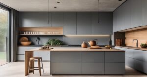 Szara kuchnia z drewnem: modny wystrój i inspiracje dla Twojego wnętrza!