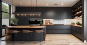Kuchnia grafitowa z drewnem: mat, design i styl nowoczesny.